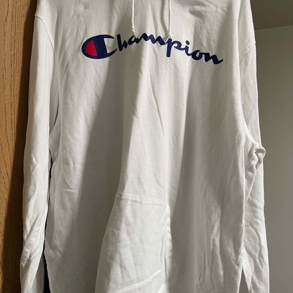 Champion White Hoodie with Navy Script and Red Emblem